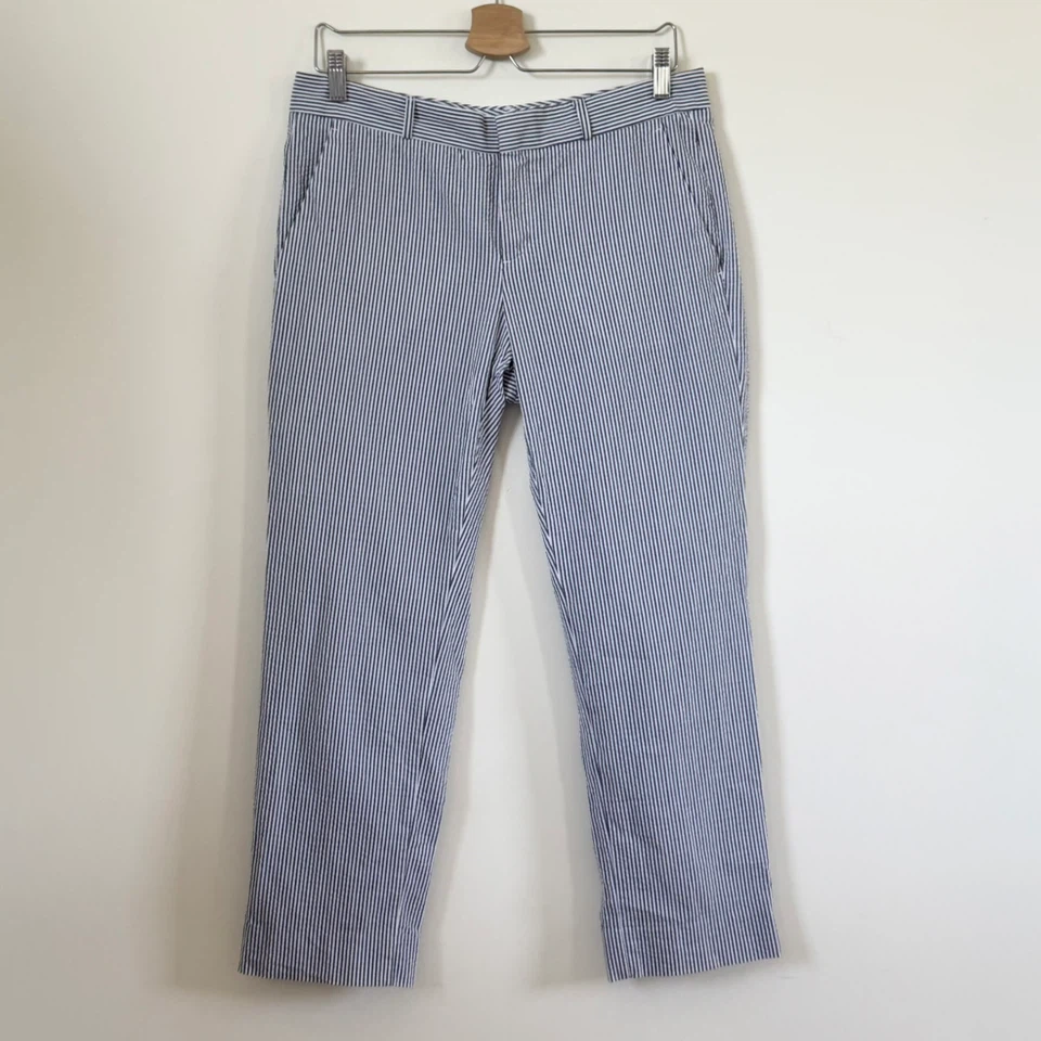 Banana Republic Navy and White Striped Seersucker Ankle Pants