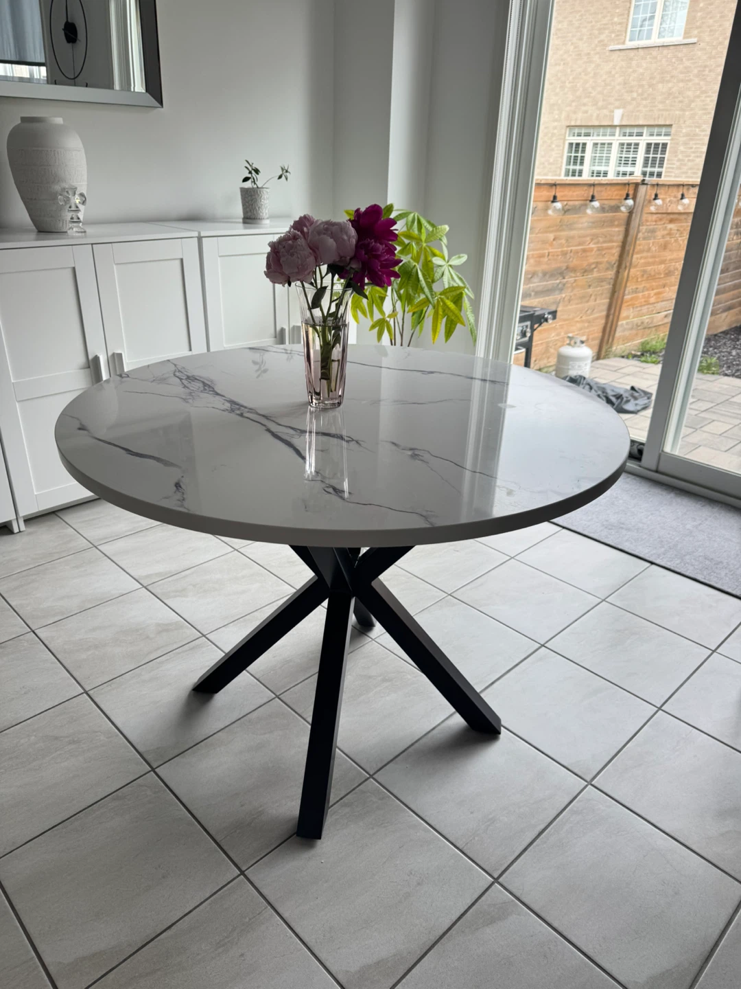 Round Marble Dining Table with Black X-Base