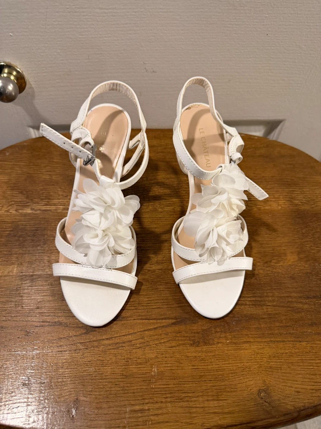 Le Château White Strappy Heels with Flower Embellishment