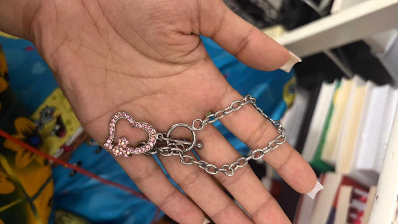 Silver Heart Bracelet with Pink Gems