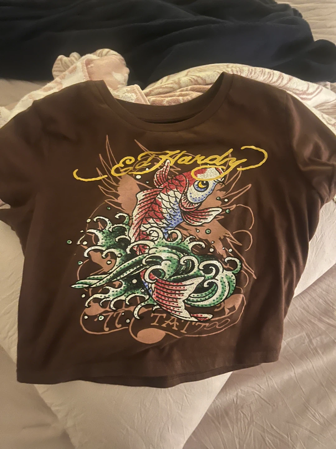 Ed Hardy Brown Koi Fish Graphic T-Shirt