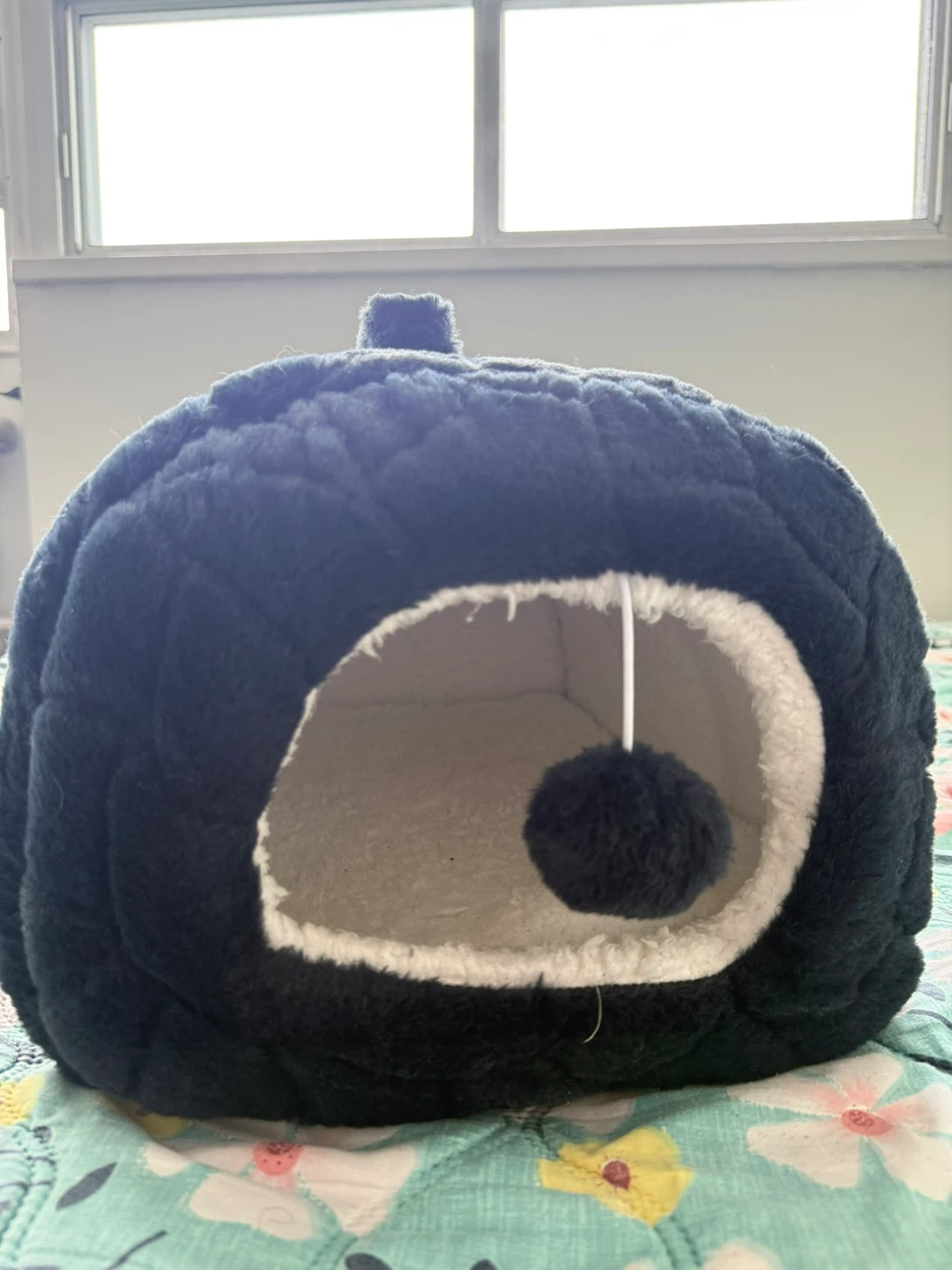 Whisker City Navy Fur Cat/Small Dogs Hide Hut Bed 16Lx12W
