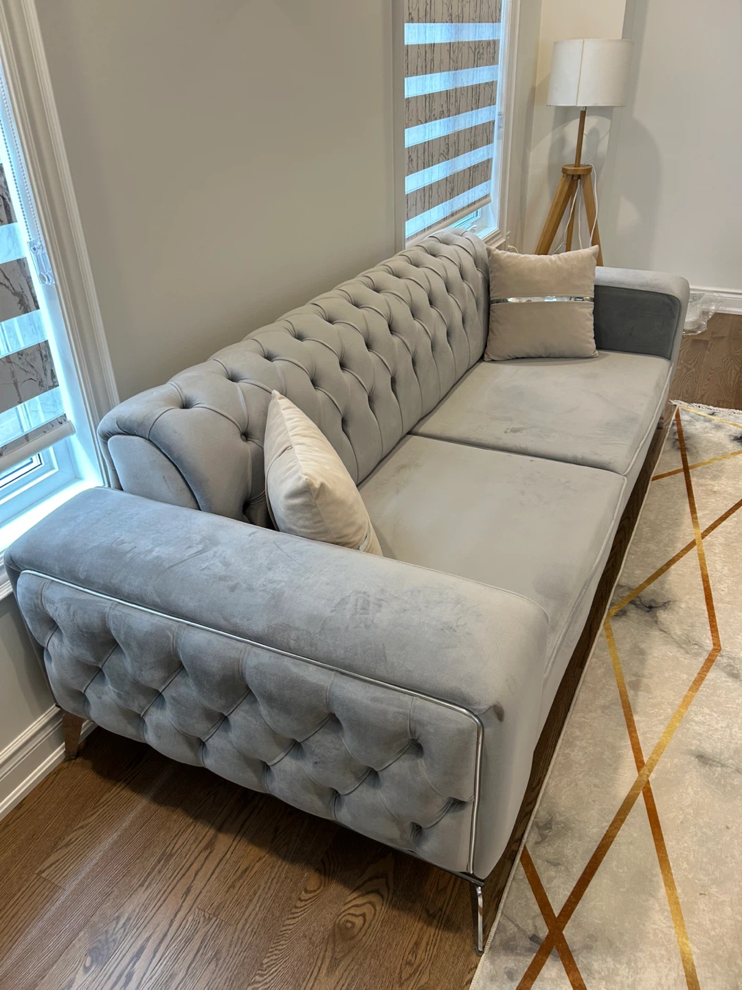 Grey Velvet Tufted Sofa Bed with Throw Pillows