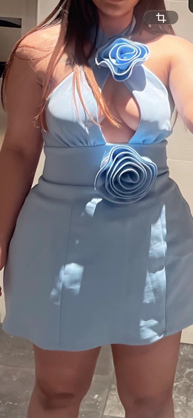 Blue Halter Neck Dress with Rose Detail