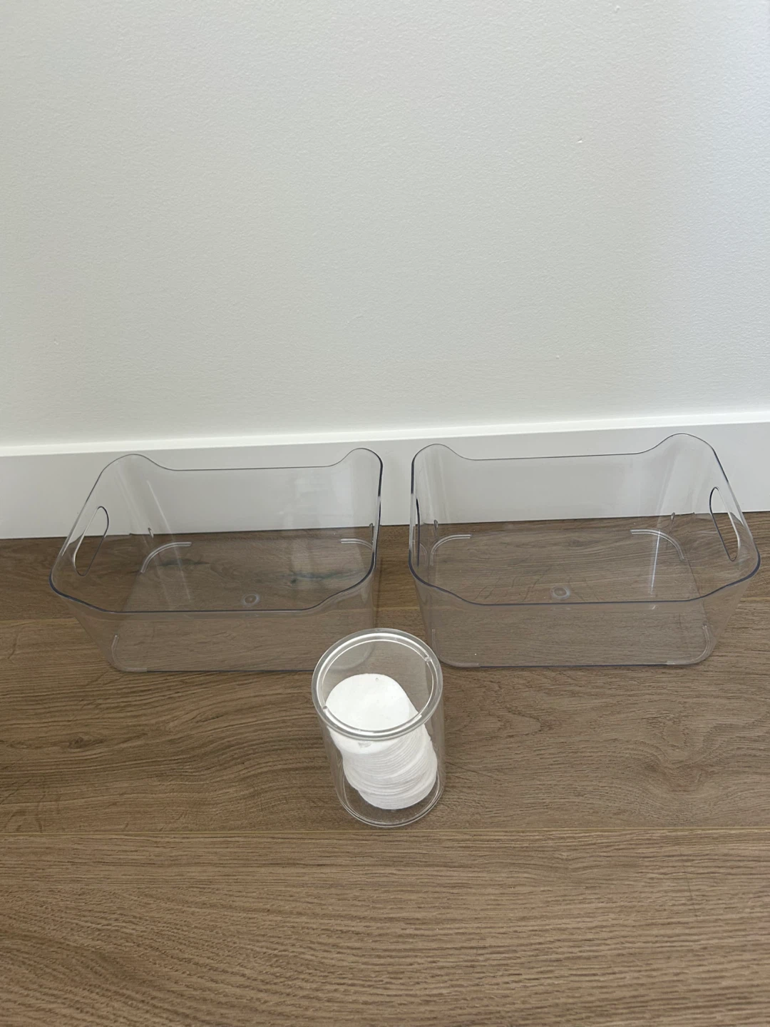 Clear Organizer Bins and Cosmetic/Cotton Round Jar