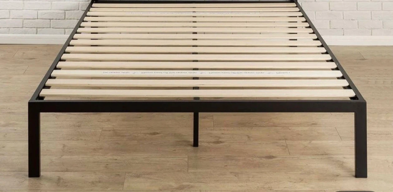 Black Metal Bed Frame with Wood Slats