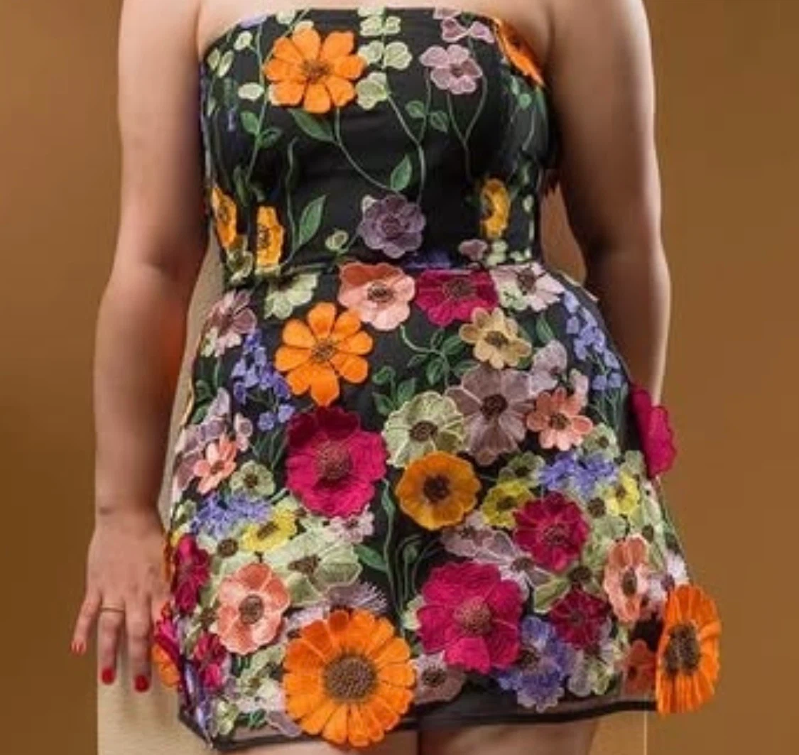 Black Strapless Floral Embroidered Mini Dress