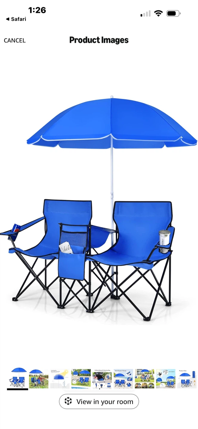 Blue Double Camping Chair with Umbrella