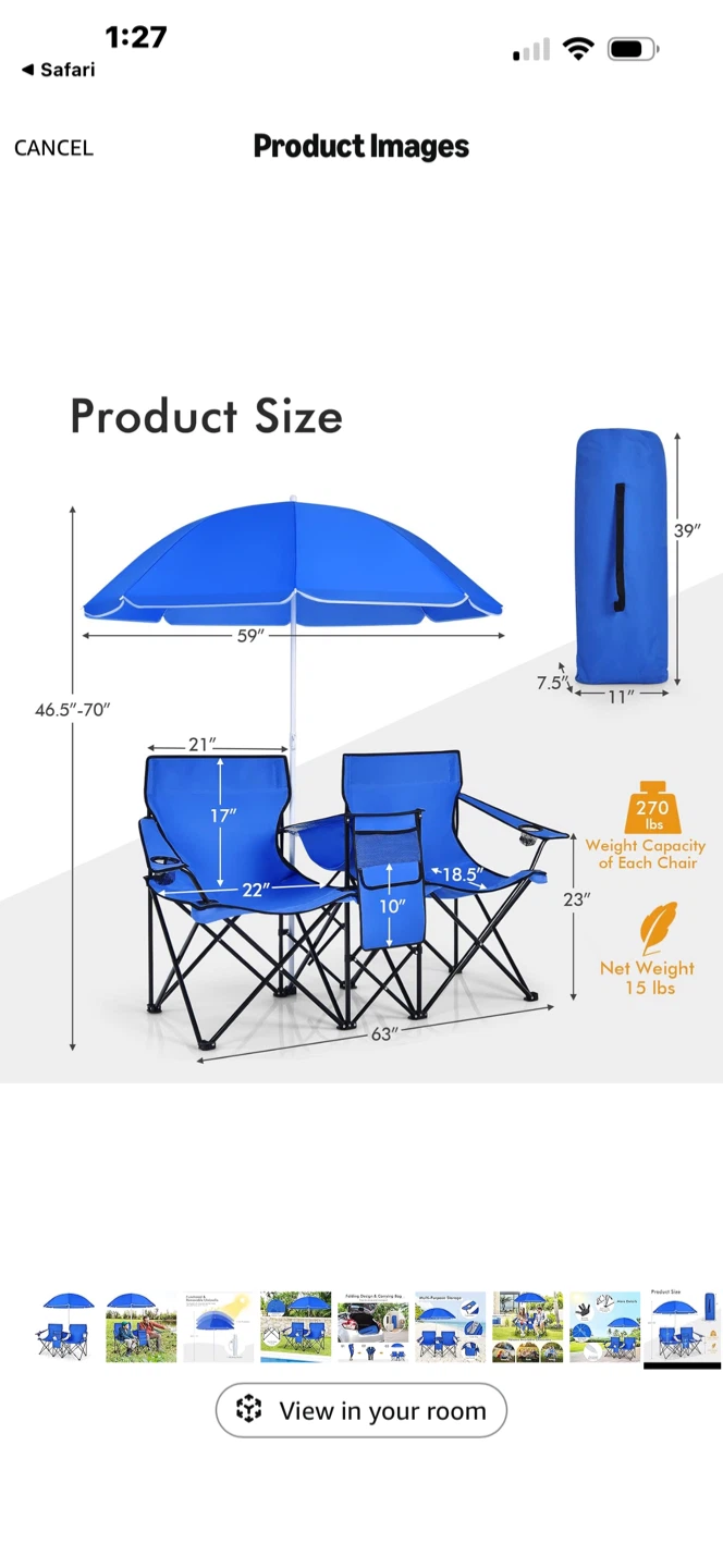 Blue Double Camping Chair with Umbrella - photo 2