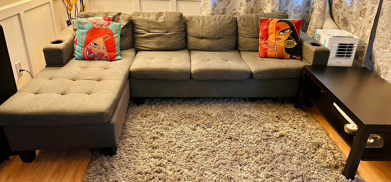 Gray Sectional Sofa + Shag Area Rug – Good Condition - photo 3