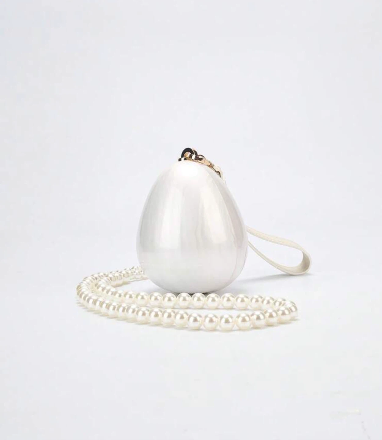 White Egg-Shaped Clutch with Pearl Strap