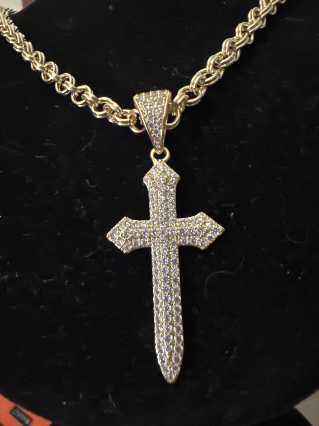 14k Gold laminated cross necklace with pave stones - photo 3