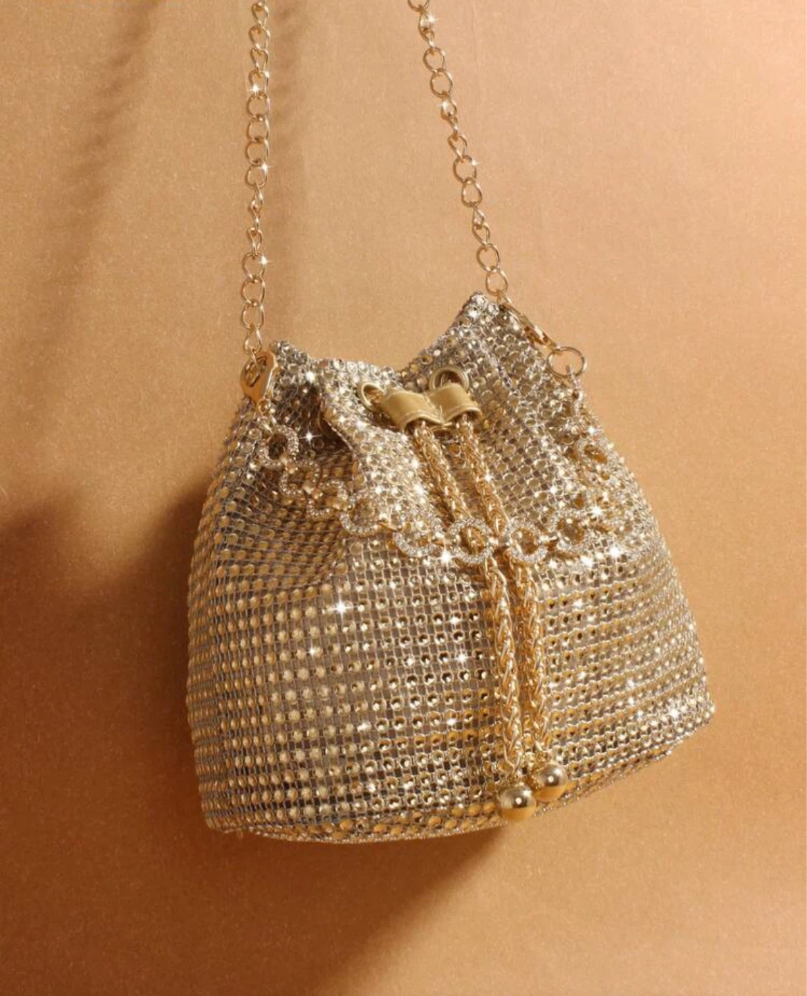 Gold Rhinestone Mesh Drawstring Bucket Bag with Chain Strap
