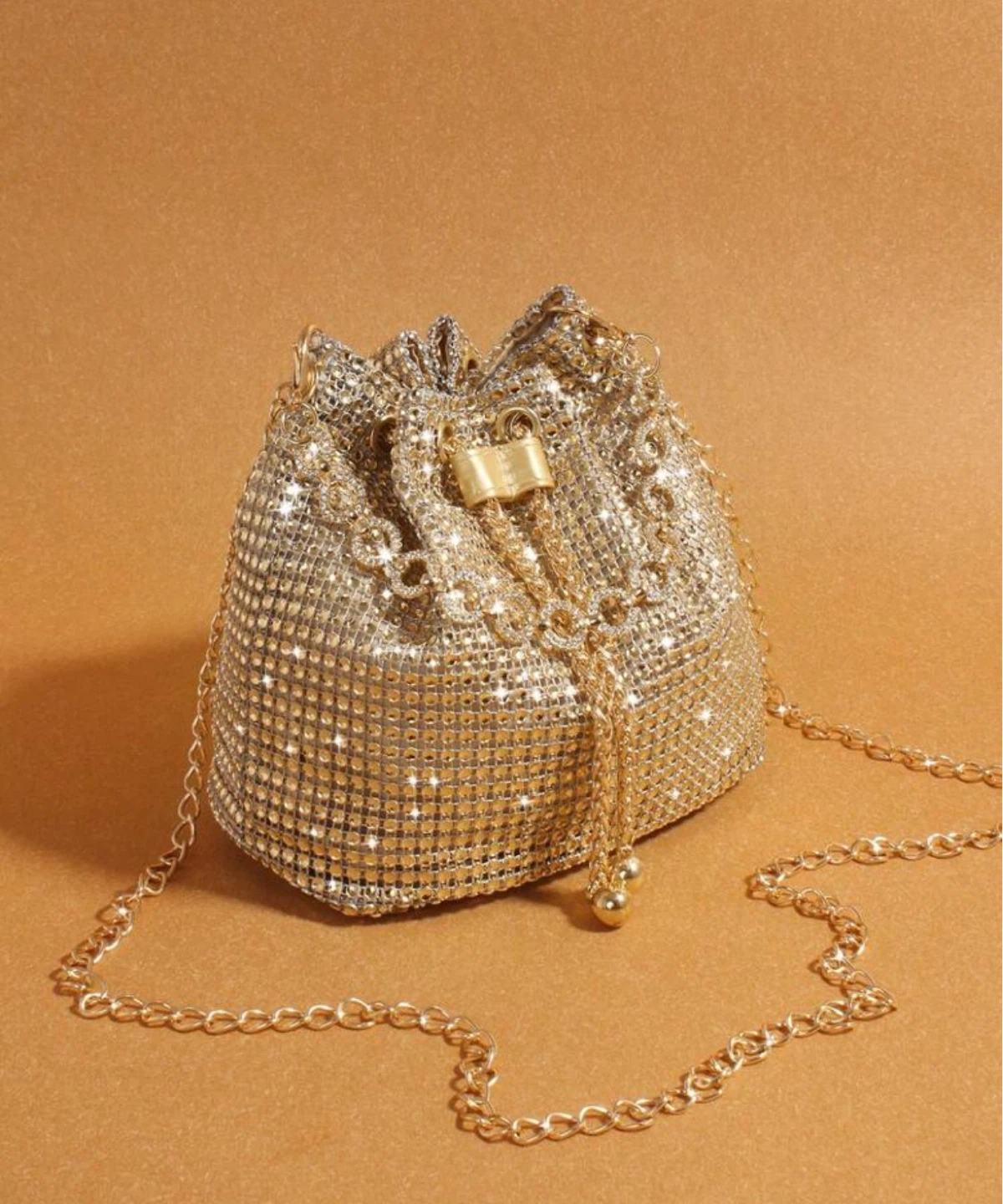 Gold Rhinestone Mesh Drawstring Bucket Bag with Chain Strap - photo 2