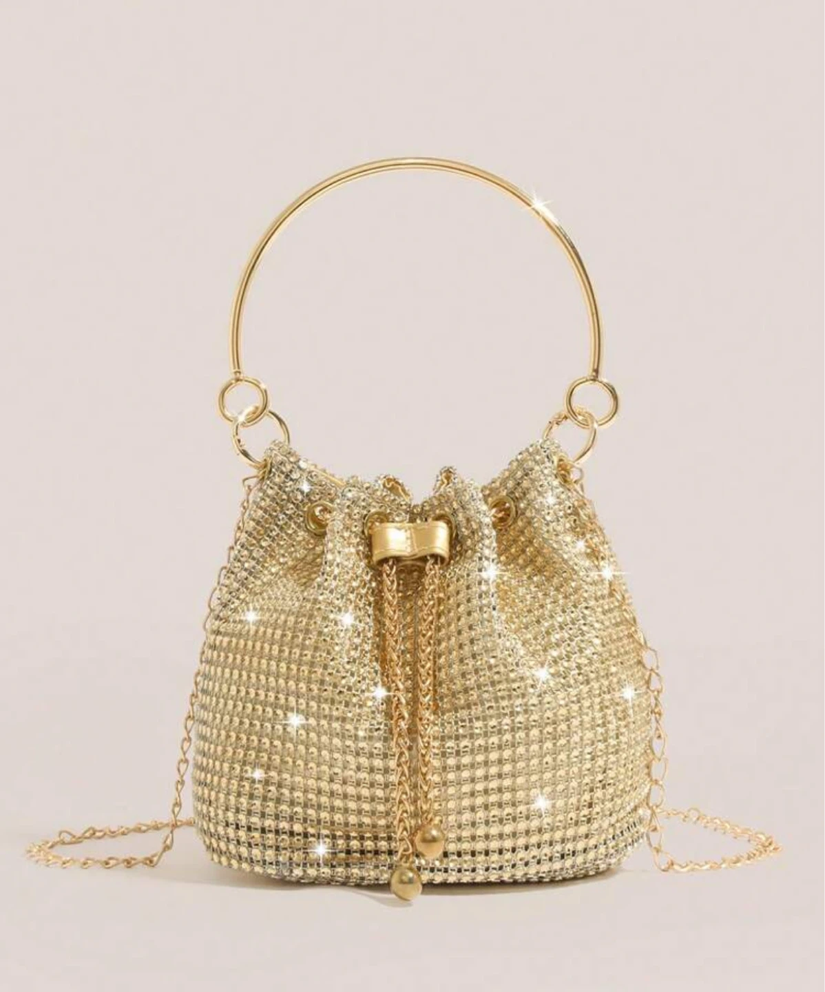 Gold Rhinestone Mesh Drawstring Bucket Bag with Chain Strap - photo 3