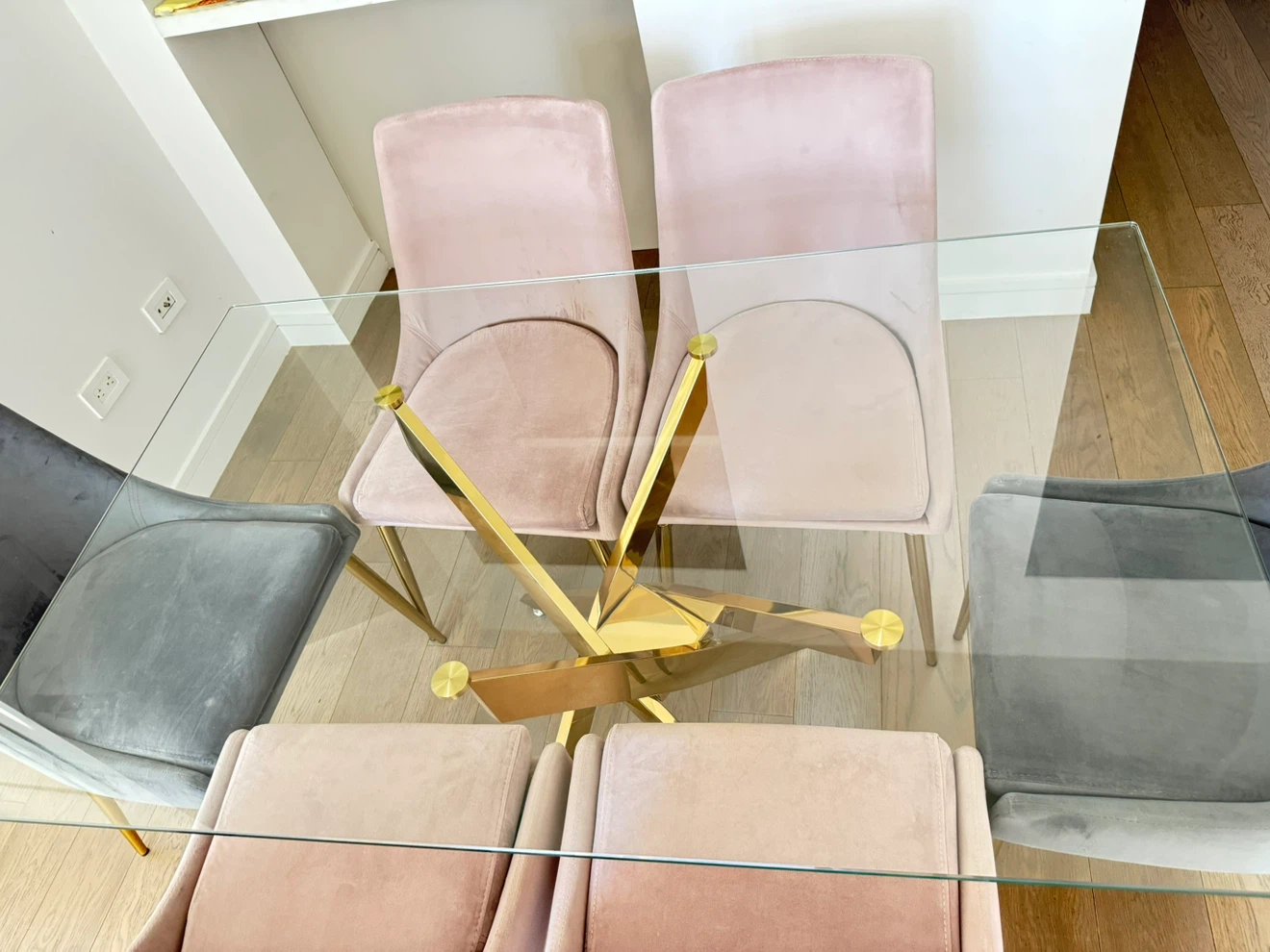 Glass Dining Table with Velvet Chairs