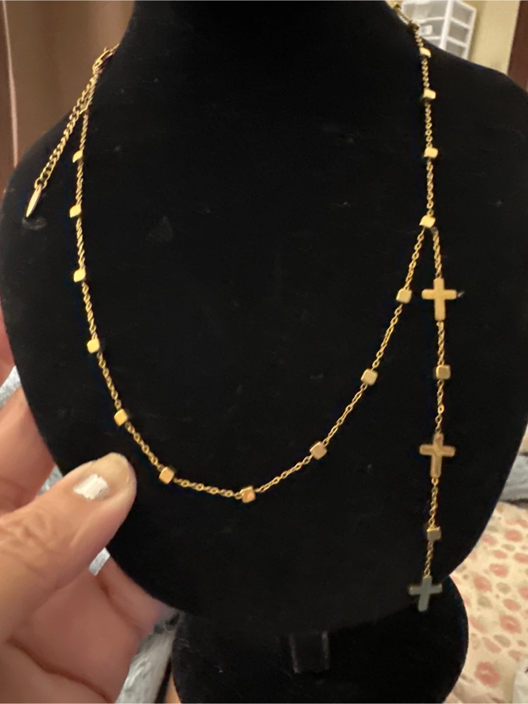 Gold Tone Stainless Steel Y-Necklace with Crosses