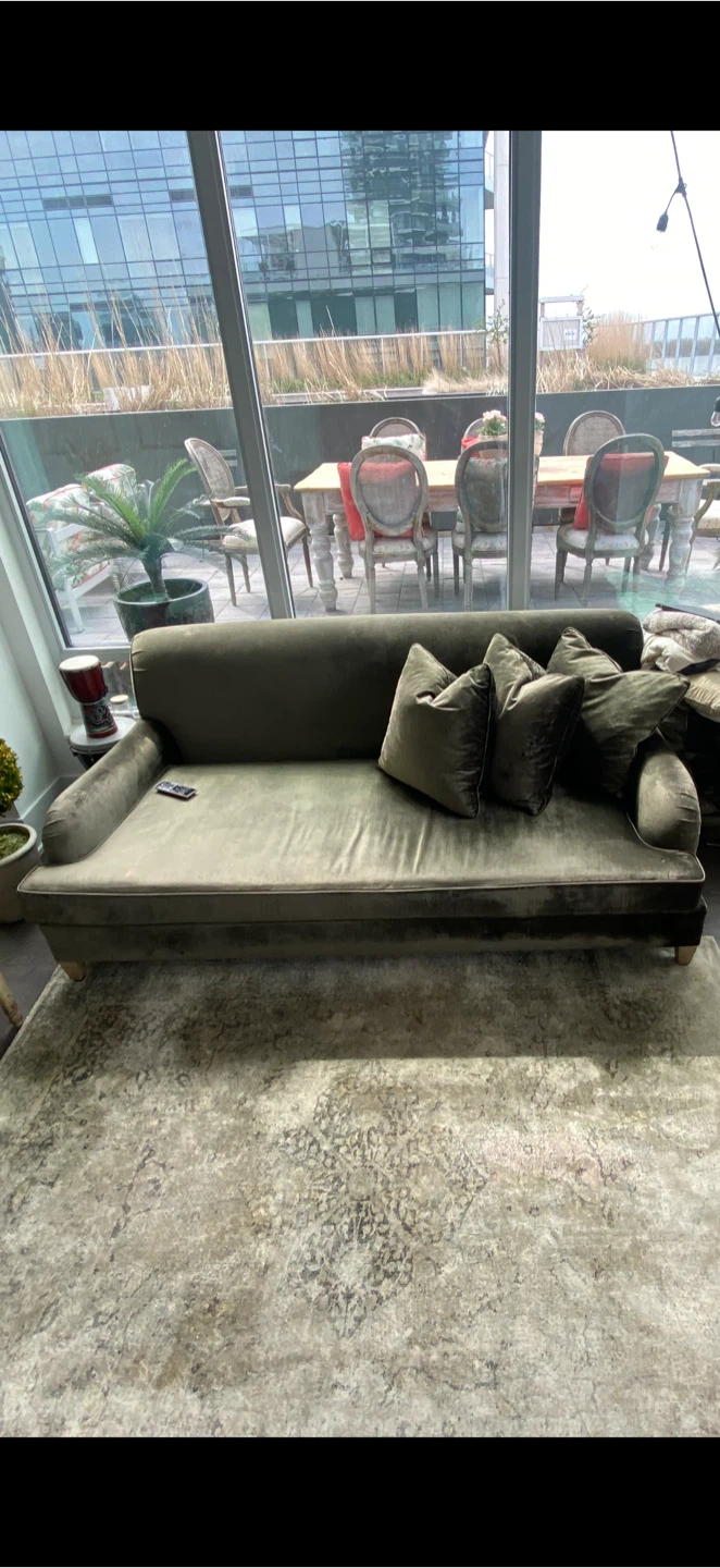 Restoration Hardware Belgian Track Arm Velvet Sofa – Olive