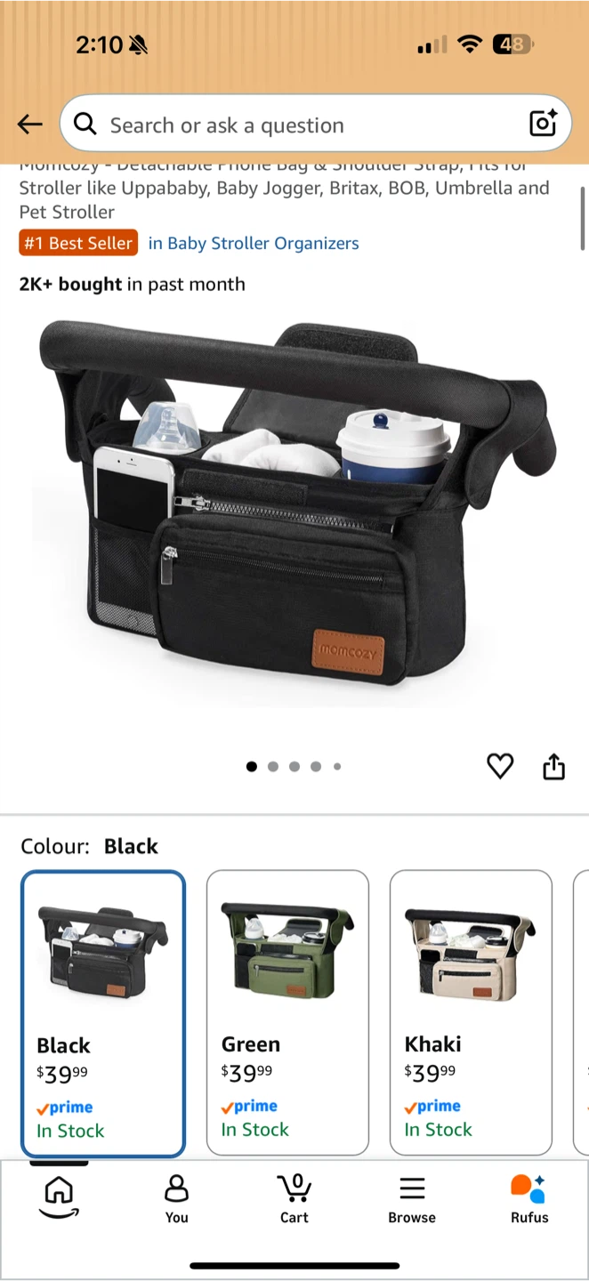 Momcozy Black Stroller Organizer with Detachable Phone Bag