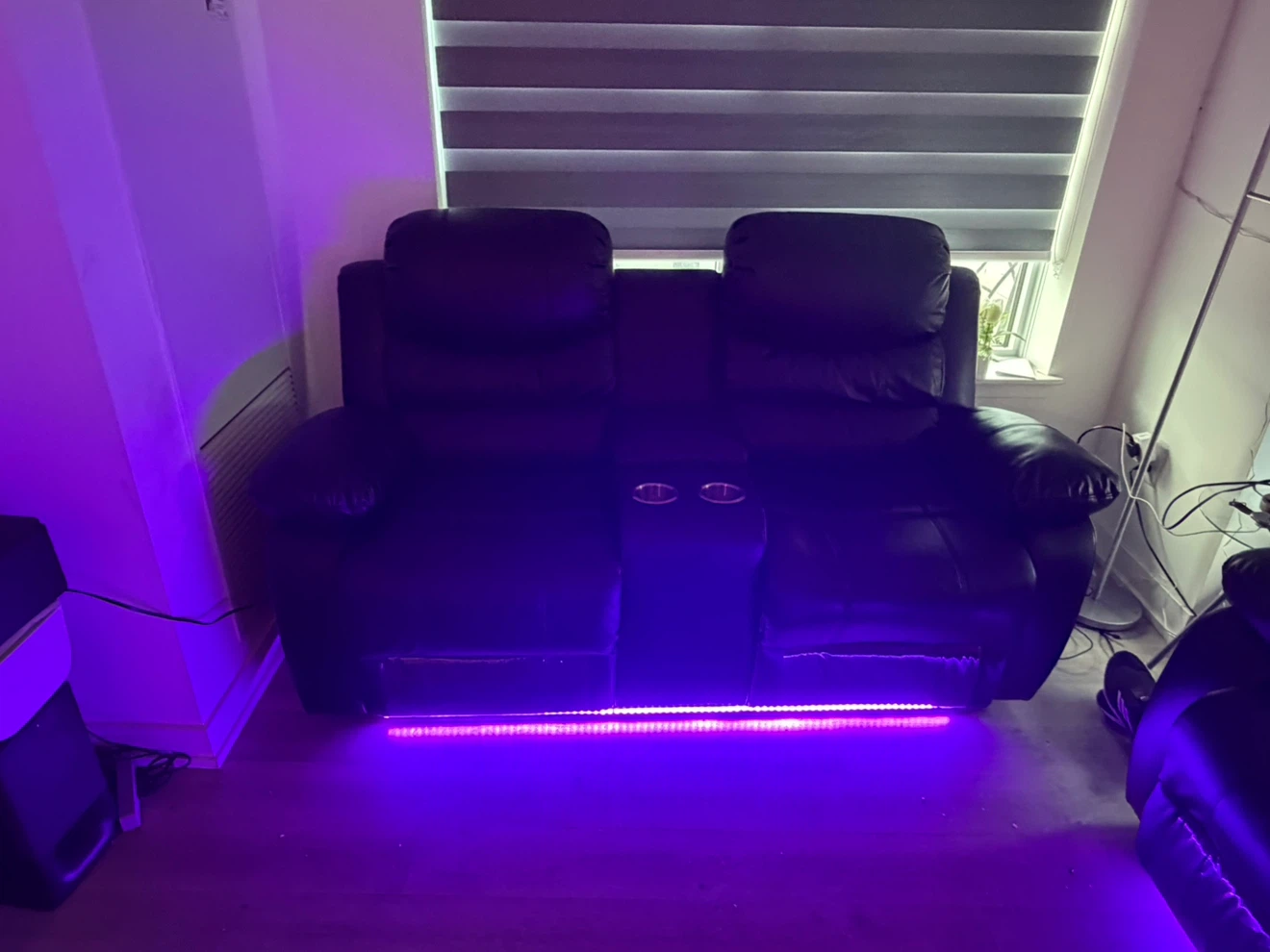 Black Faux Leather Recliner Sofa with Cup Holders