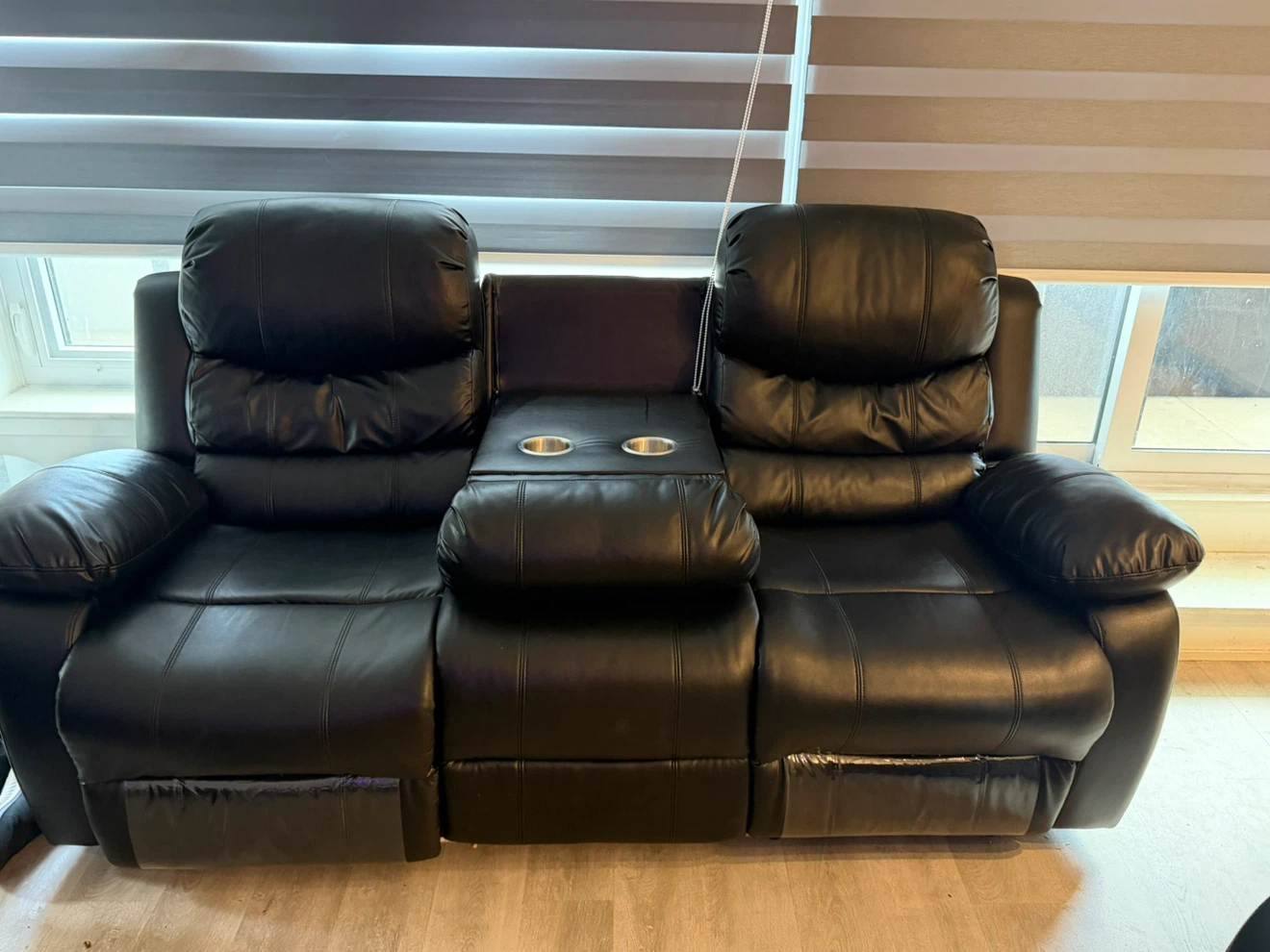 Black Faux Leather Recliner Sofa with Cup Holders - photo 5
