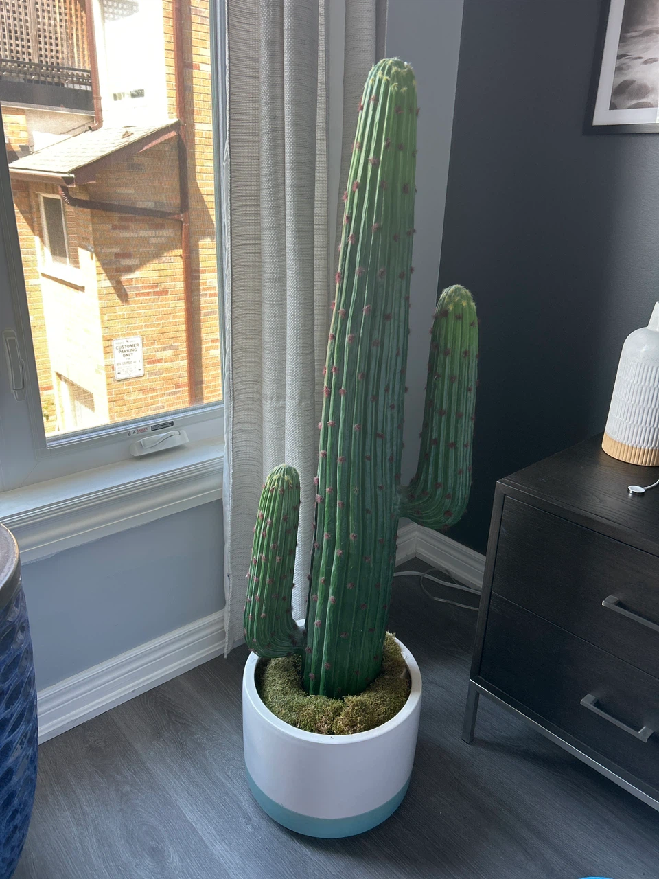 Large Faux Saguaro Cactus Plant with White and Blue Pot