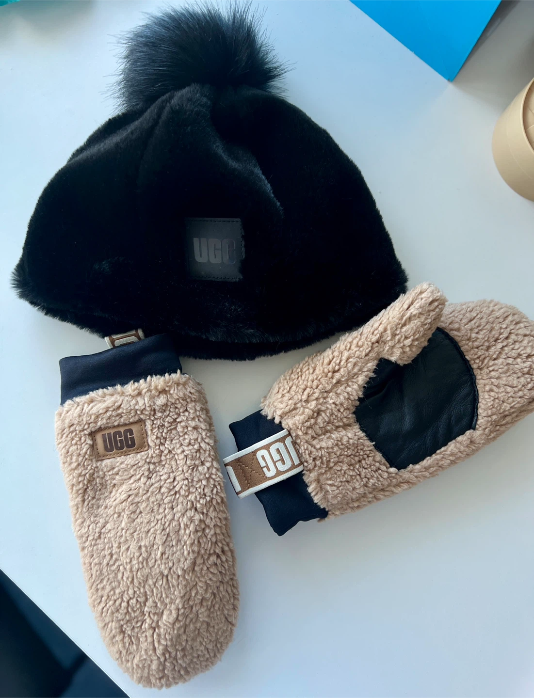 UGG Black Faux Fur Pom Pom & Sherpa Mittens $40/set - photo 3