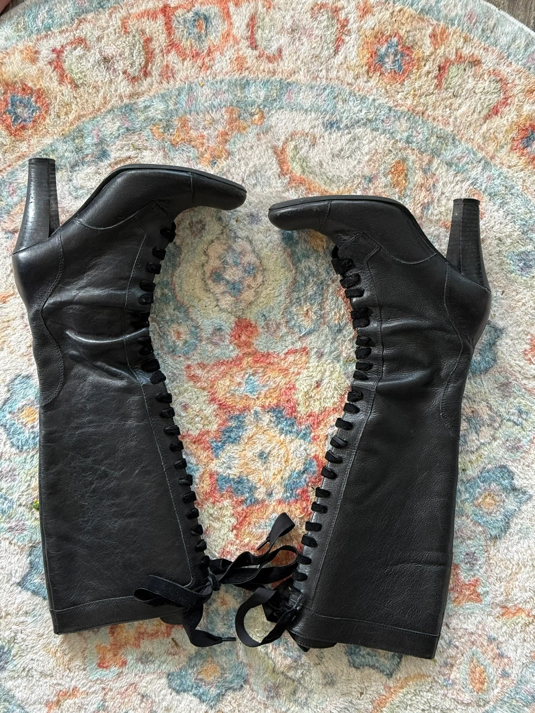 Black Leather Lace-Up Knee-High Heeled Boots - photo 3