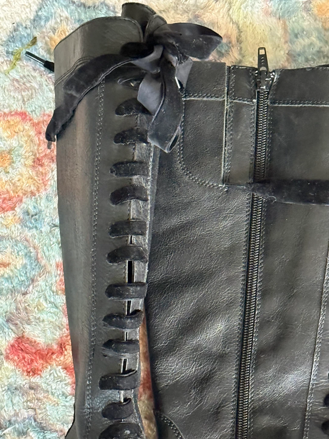 Black Leather Lace-Up Knee-High Heeled Boots - photo 5