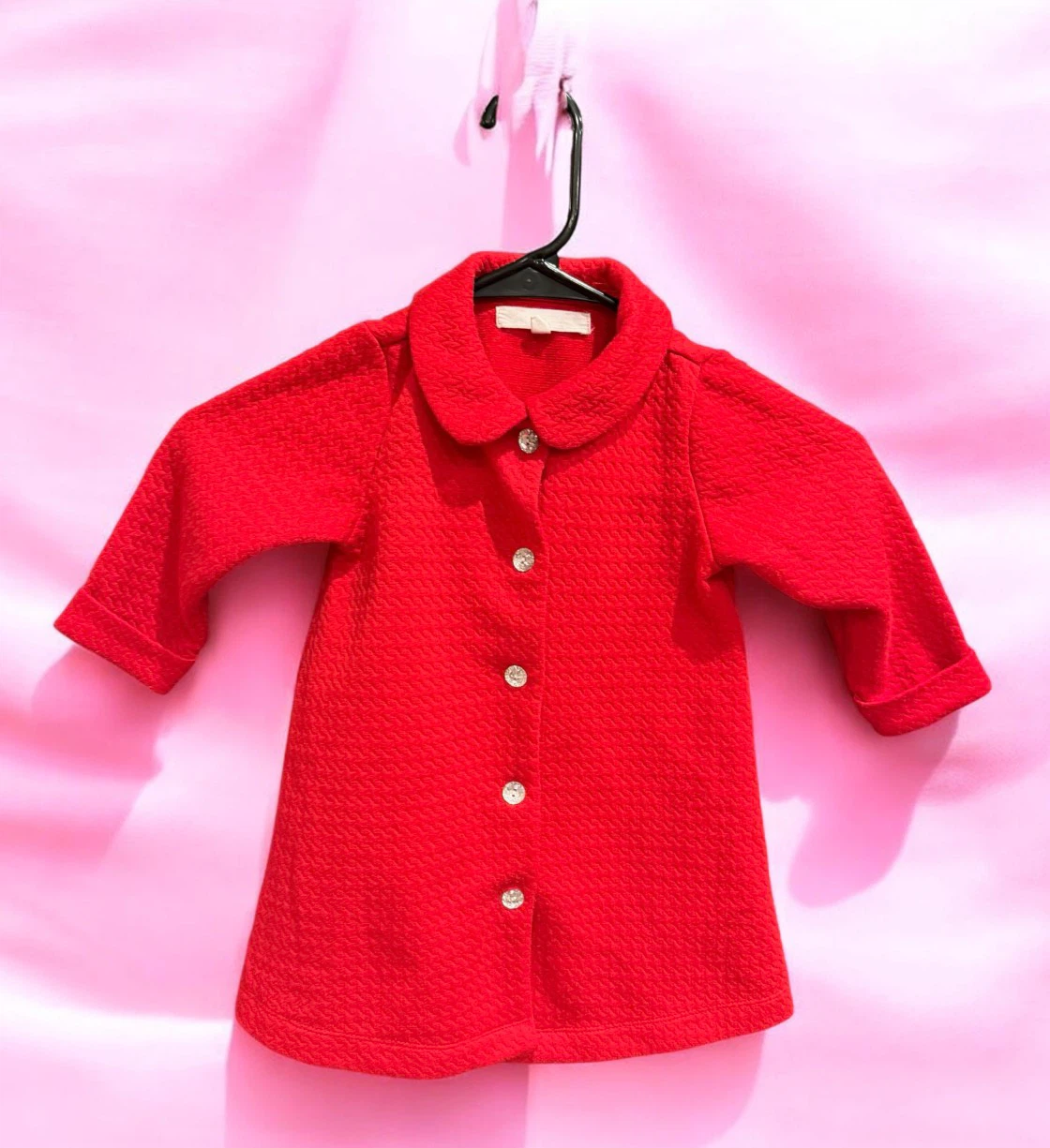 Girls Red Textured Coat with Button Closure