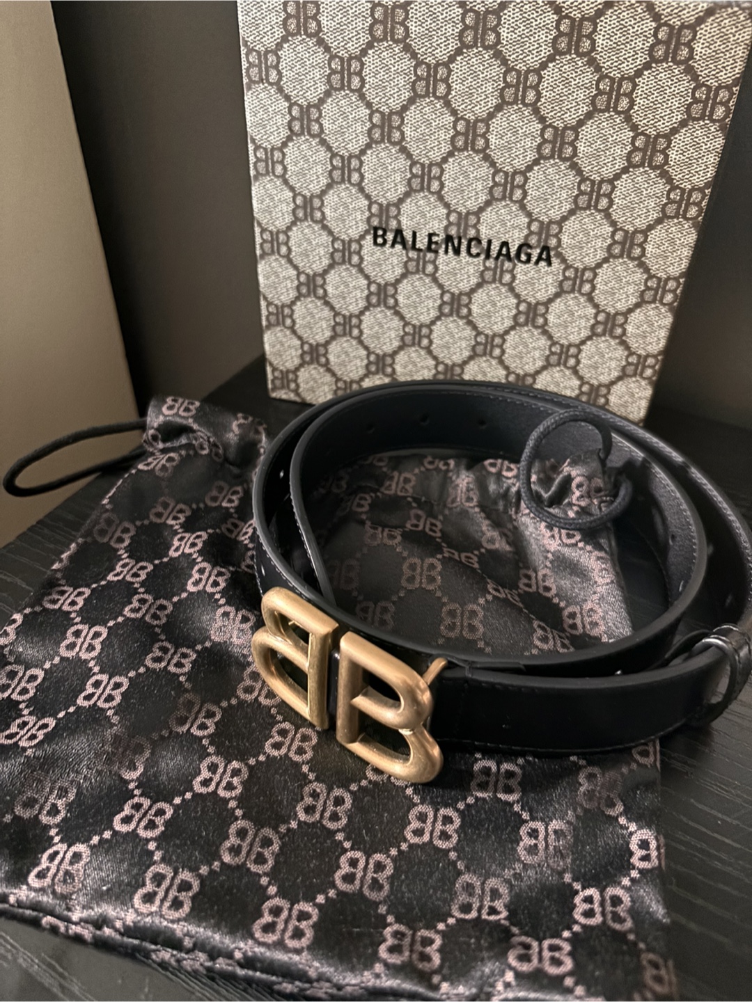 Balenciaga Black Leather BB Logo Belt