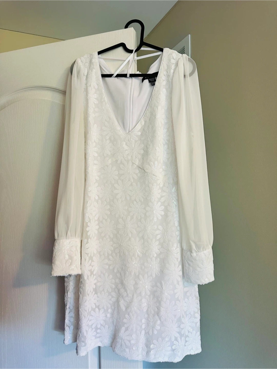 White Sheer Sleeve Dress with Floral Sequins - Size 10
