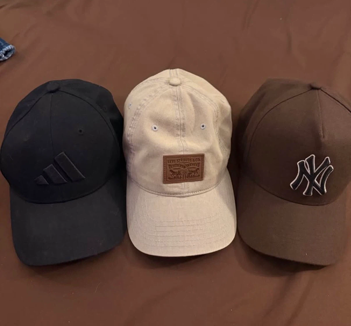 3 Baseball Caps: Adidas, Levi's, New York Yankees