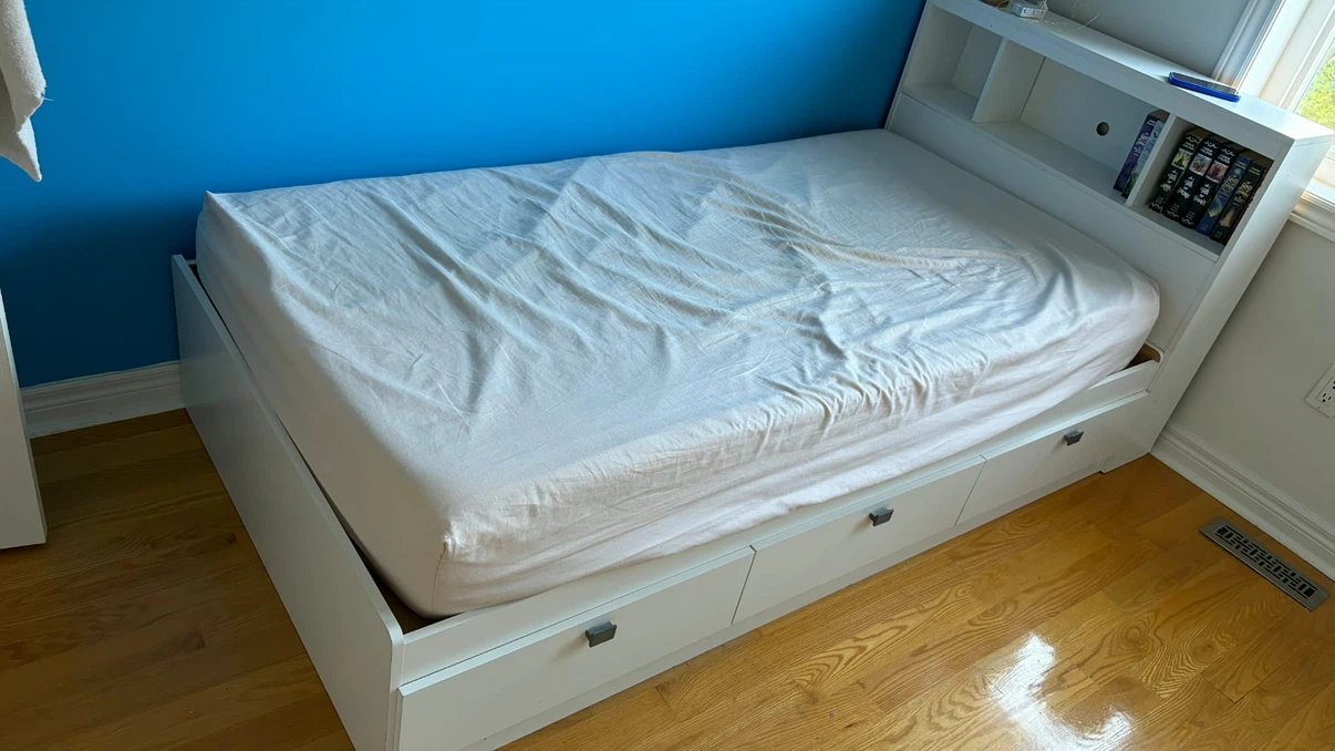 White Twin Bed Frame with Storage Drawers and Headboard Shelf