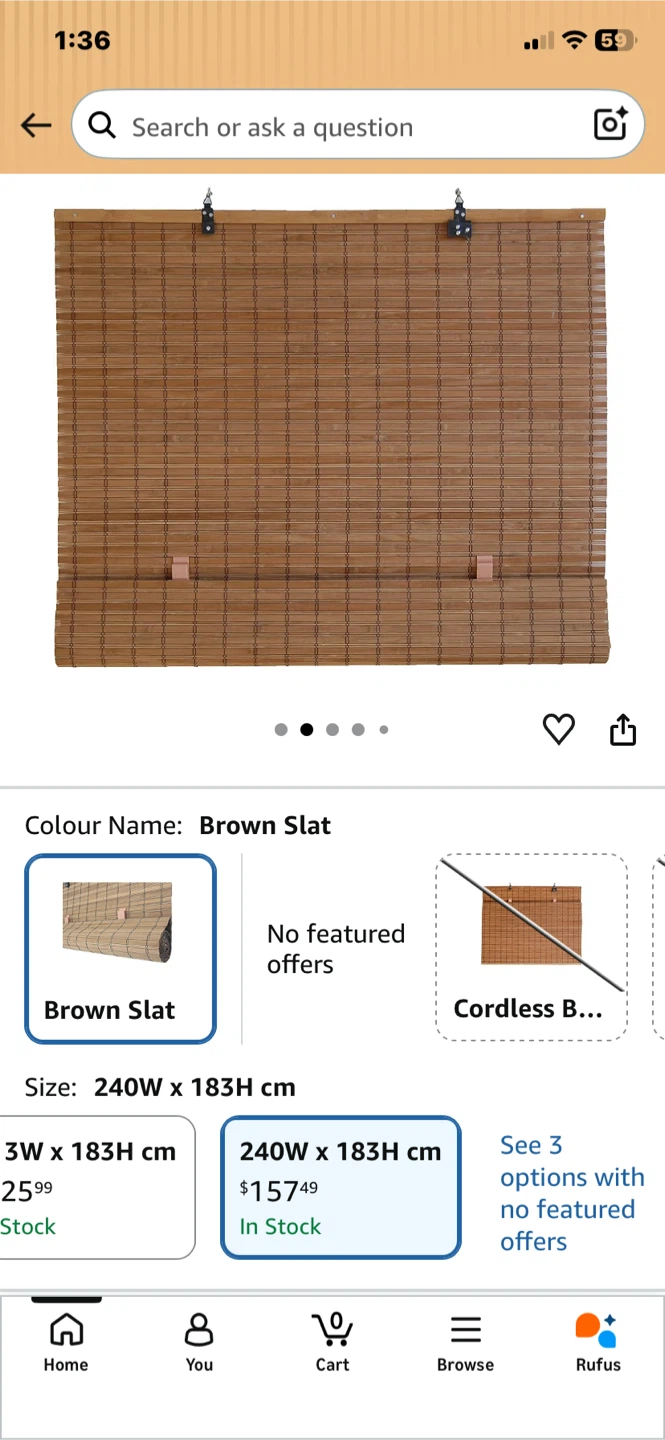 Brown Slat Bamboo Window Blinds 240W x 183H cm