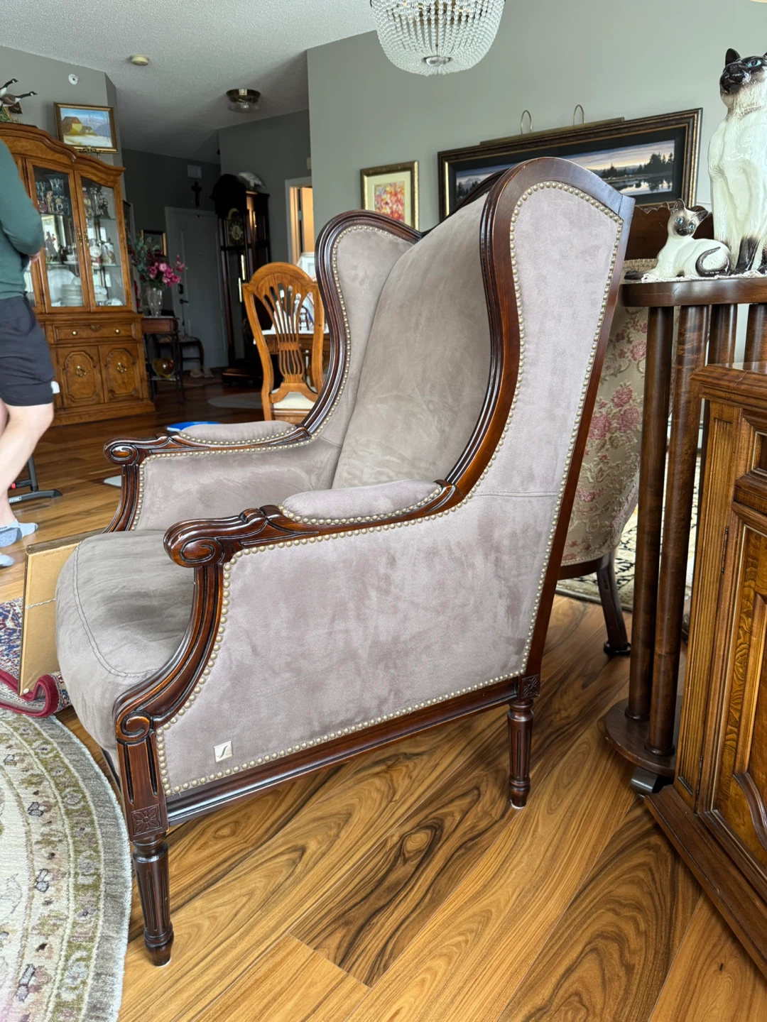 Wingback Accent Chair - Greenish Suede