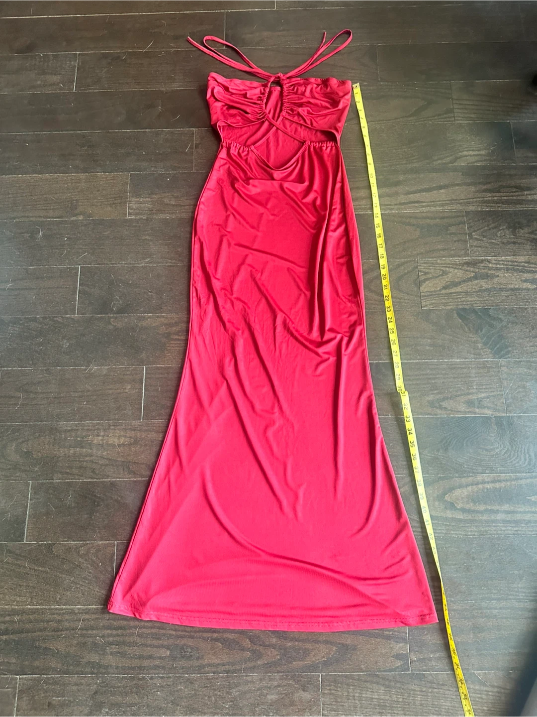 Red Halter Neck Maxi Dress with cut outs in front - photo 3