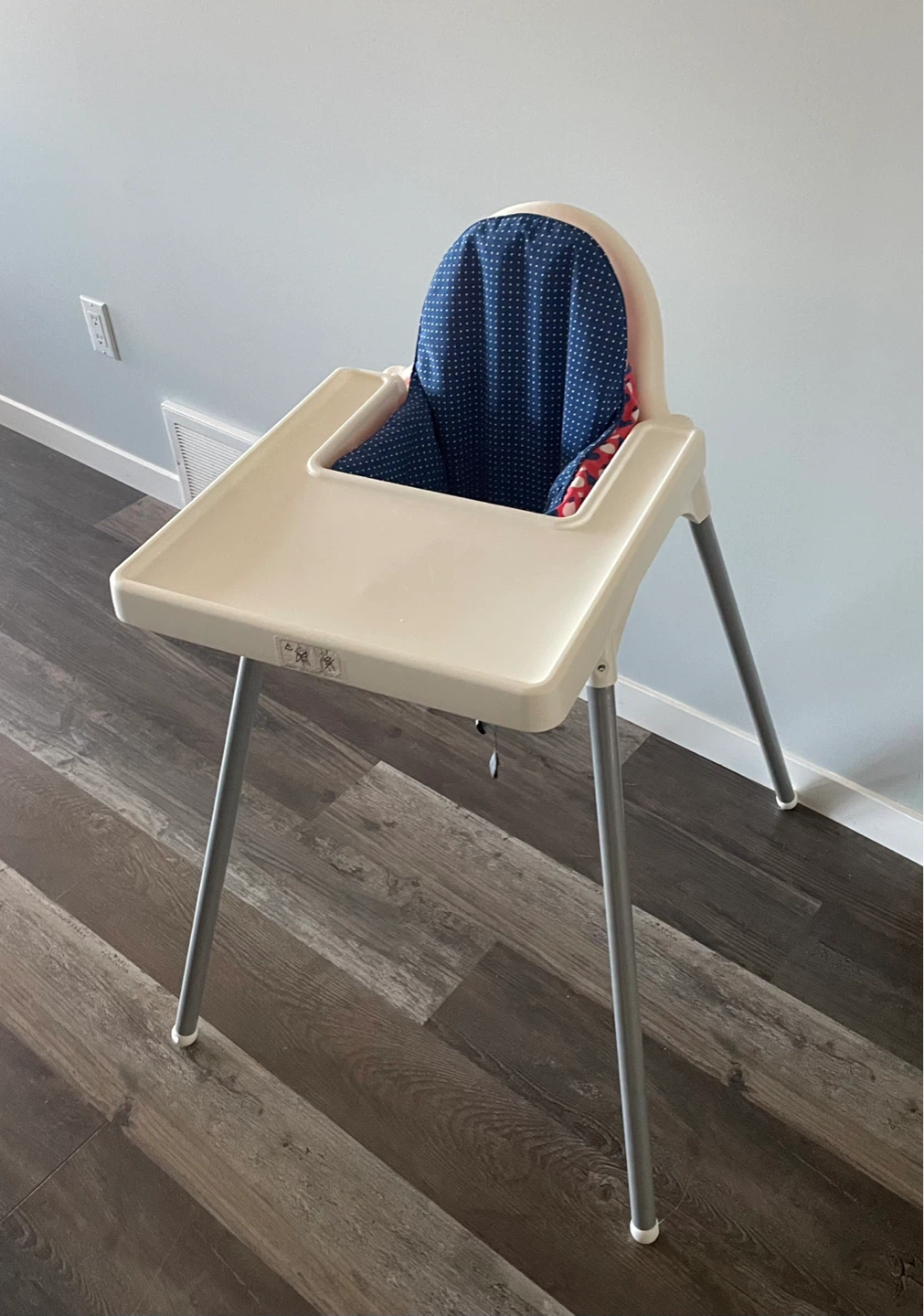 IKEA High Chair with Red and Blue Patterned Seat