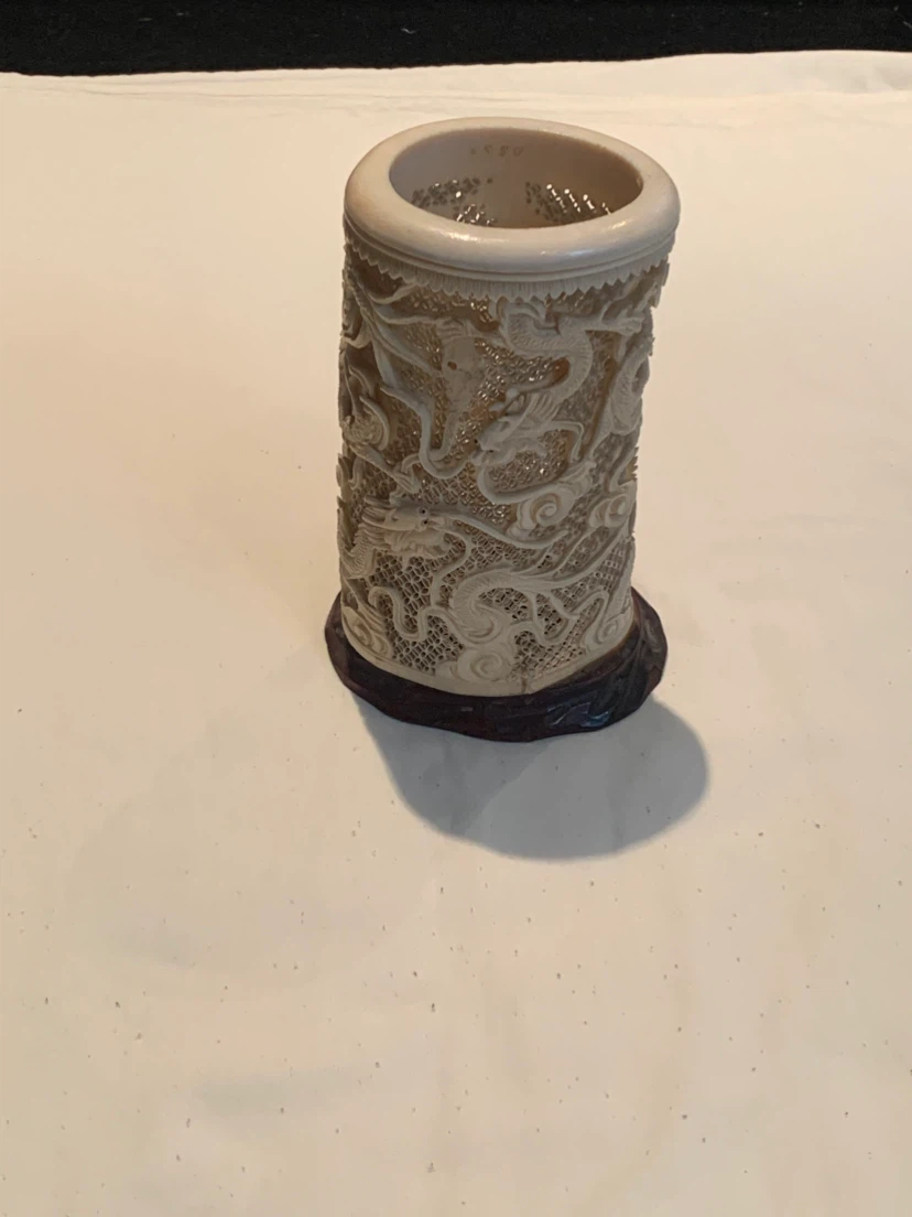 Carved Dragon Cylinder with Wooden Base
