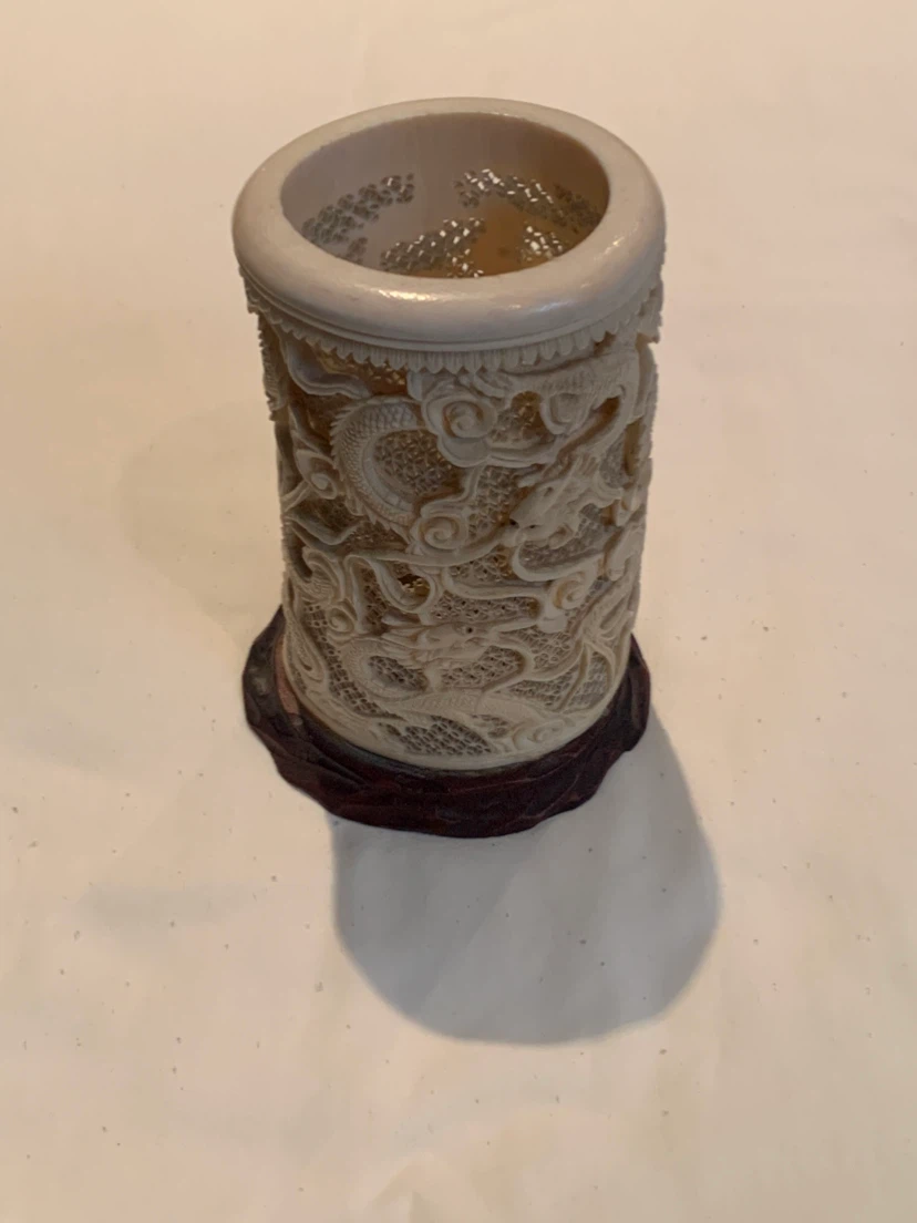 Carved Dragon Cylinder with Wooden Base - photo 2