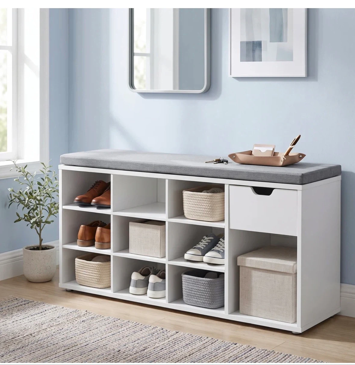 White Shoe Storage Bench with Cushioned Seat