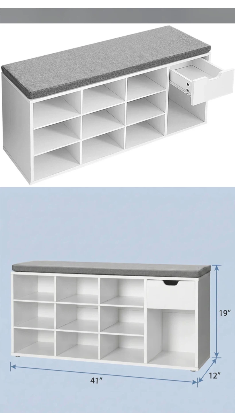 White Shoe Storage Bench with Cushioned Seat - photo 2