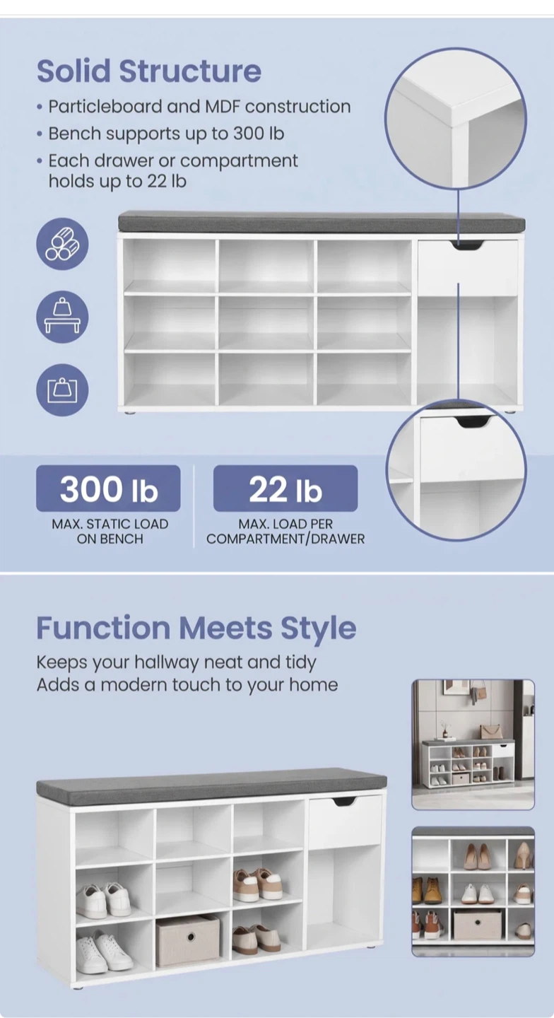 White Shoe Storage Bench with Cushioned Seat - photo 3