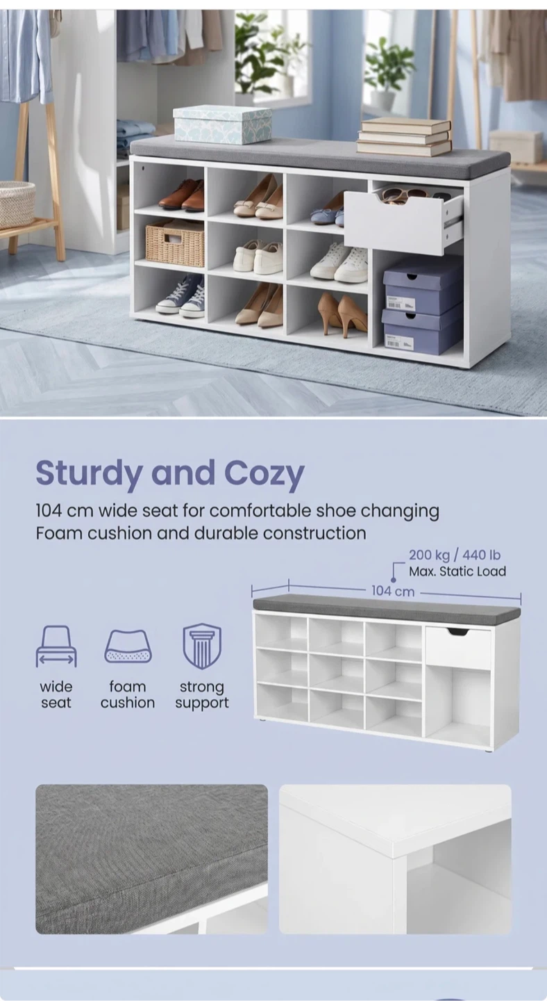 White Shoe Storage Bench with Cushioned Seat - photo 4
