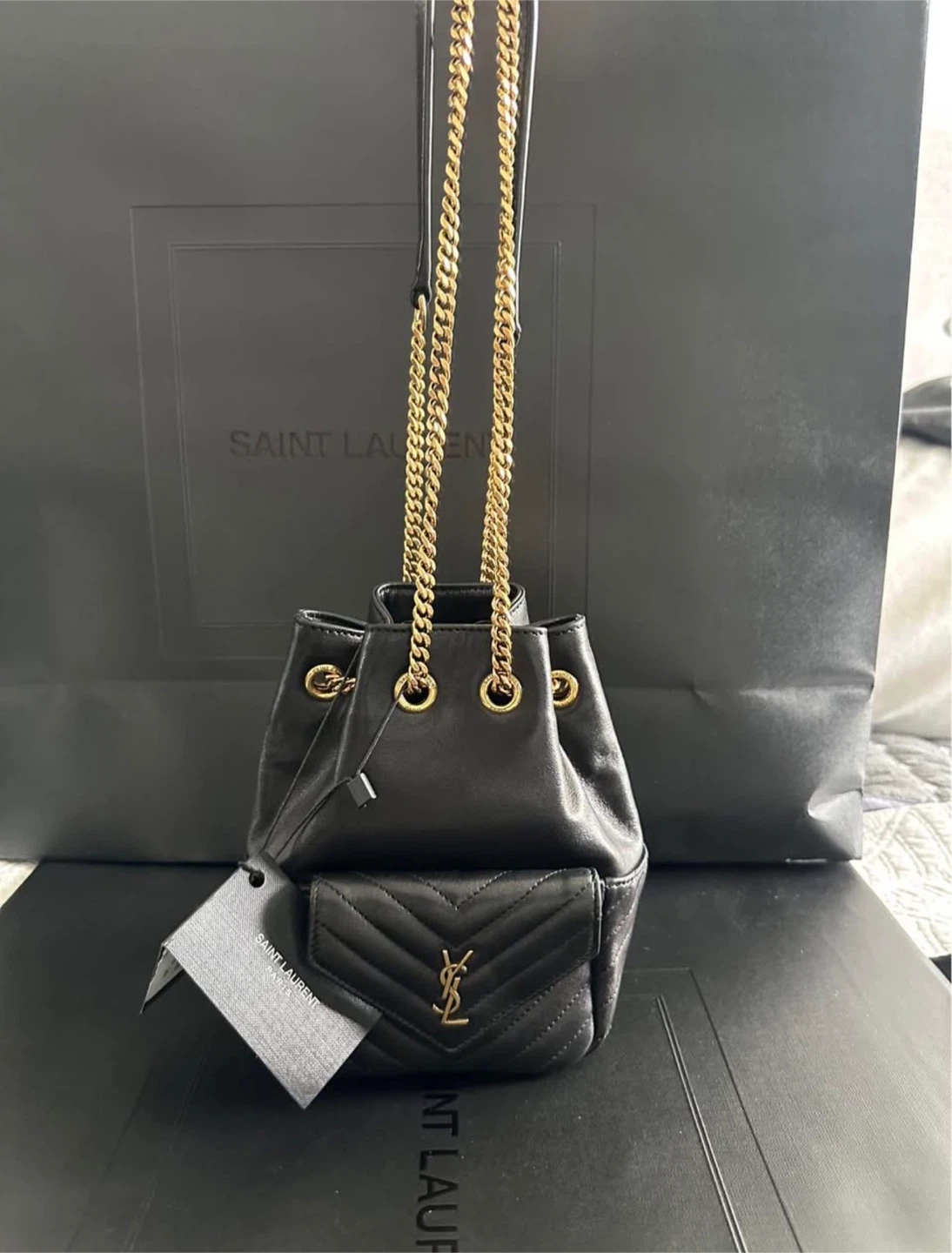 Saint Laurent Black Leather Mini Bucket Bag with Gold Chain