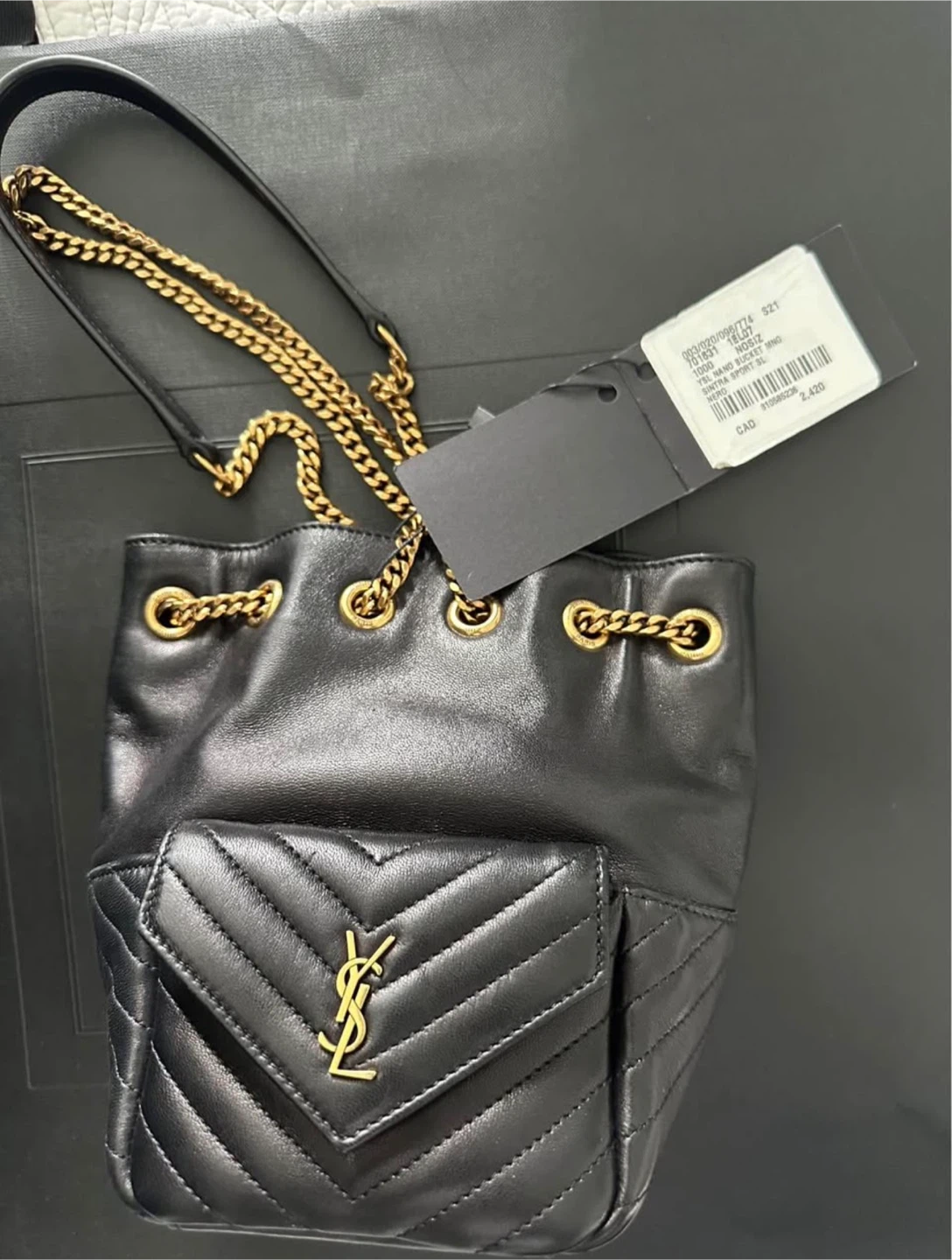 Saint Laurent Black Leather Mini Bucket Bag with Gold Chain - photo 2