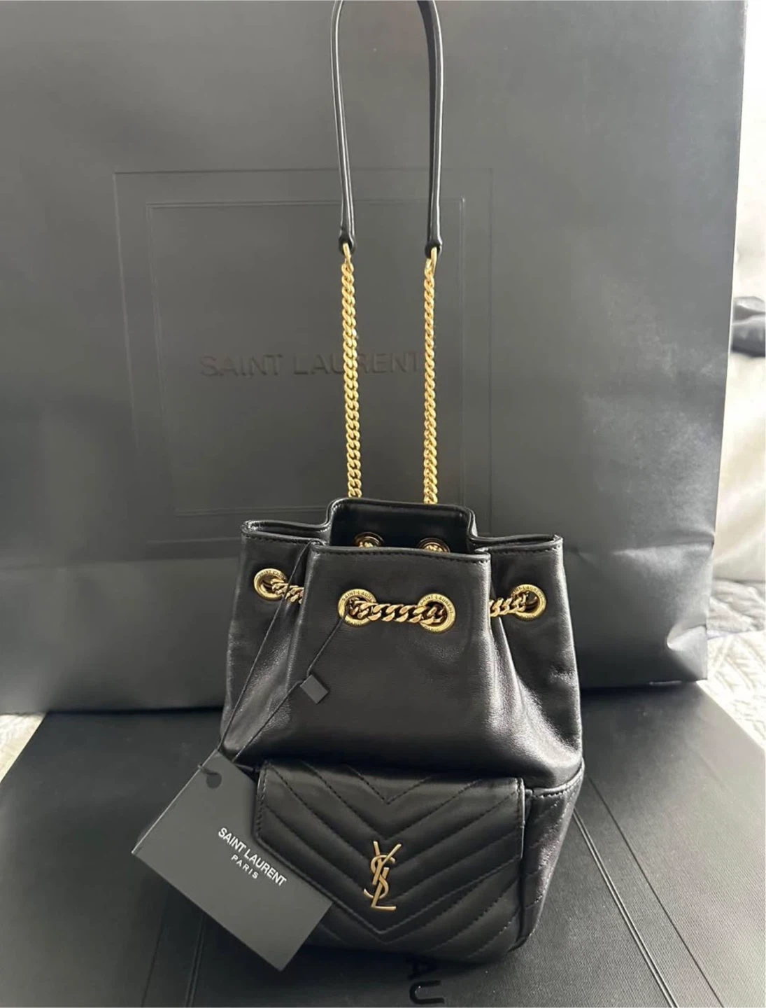 Saint Laurent Black Leather Mini Bucket Bag with Gold Chain - photo 3
