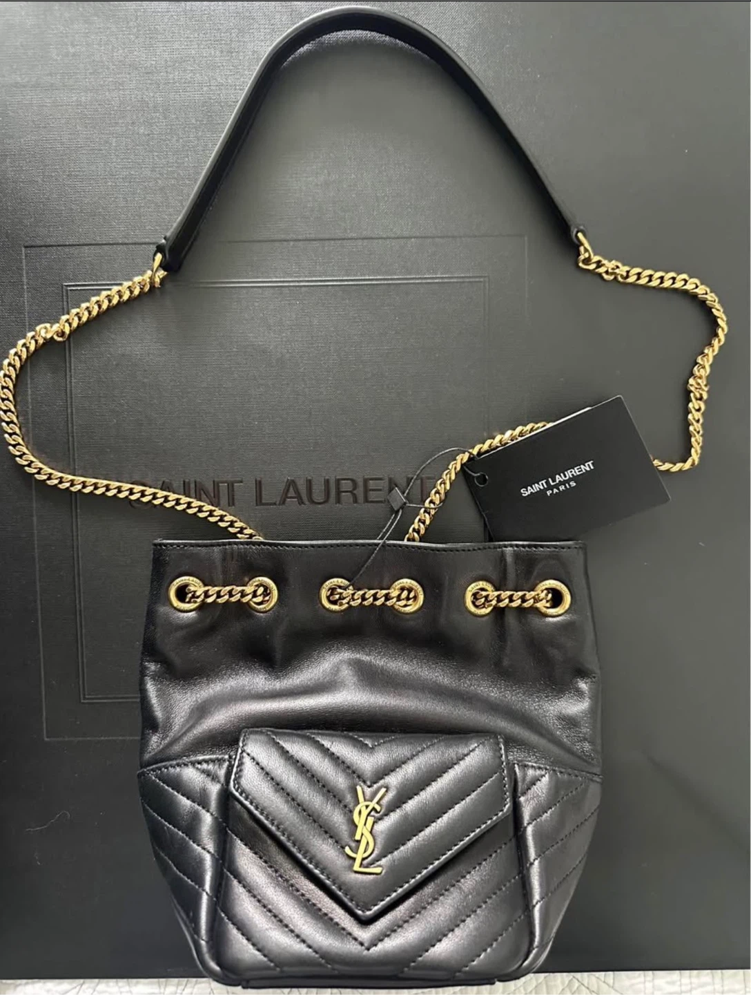Saint Laurent Black Leather Mini Bucket Bag with Gold Chain - photo 4