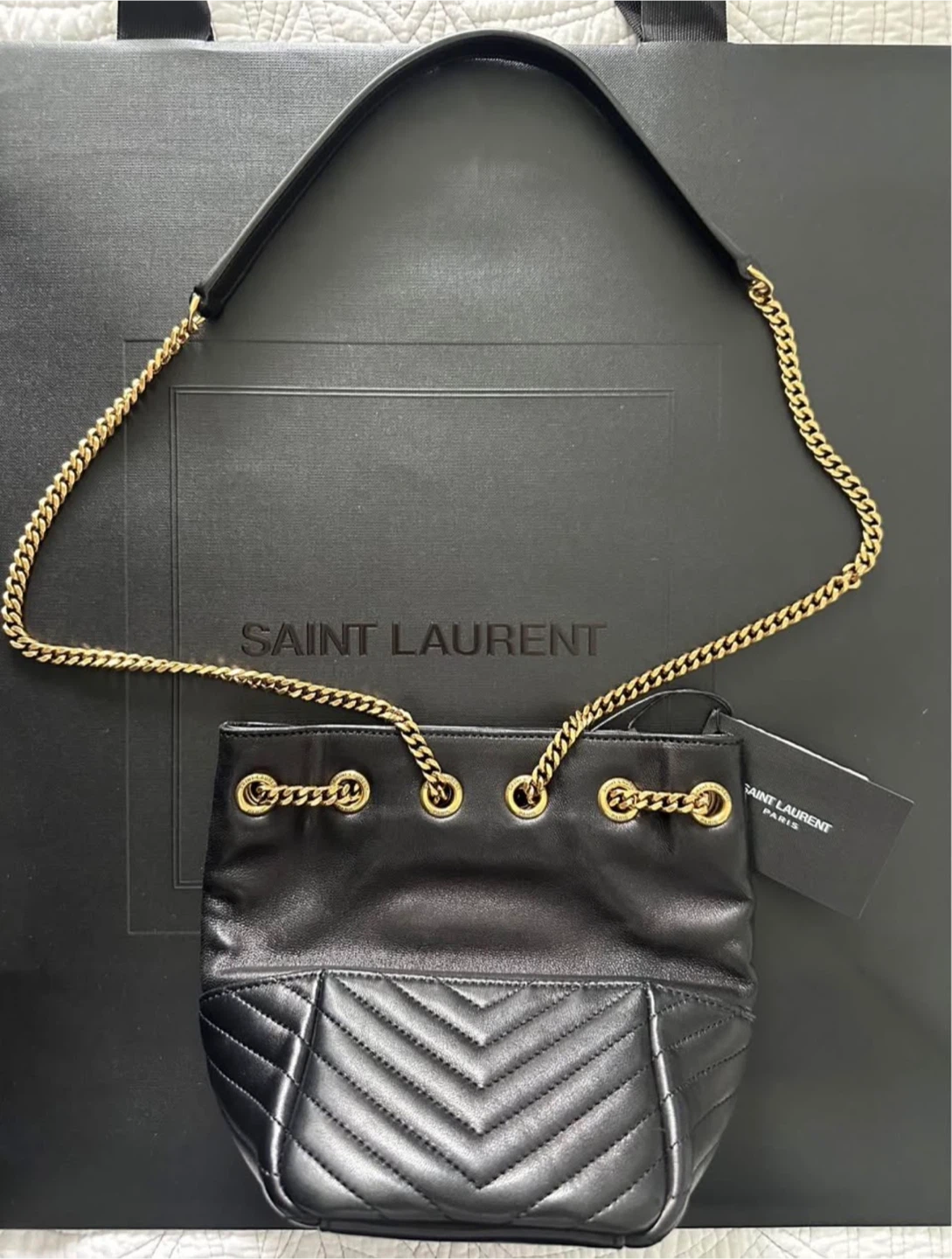 Saint Laurent Black Leather Mini Bucket Bag with Gold Chain - photo 5