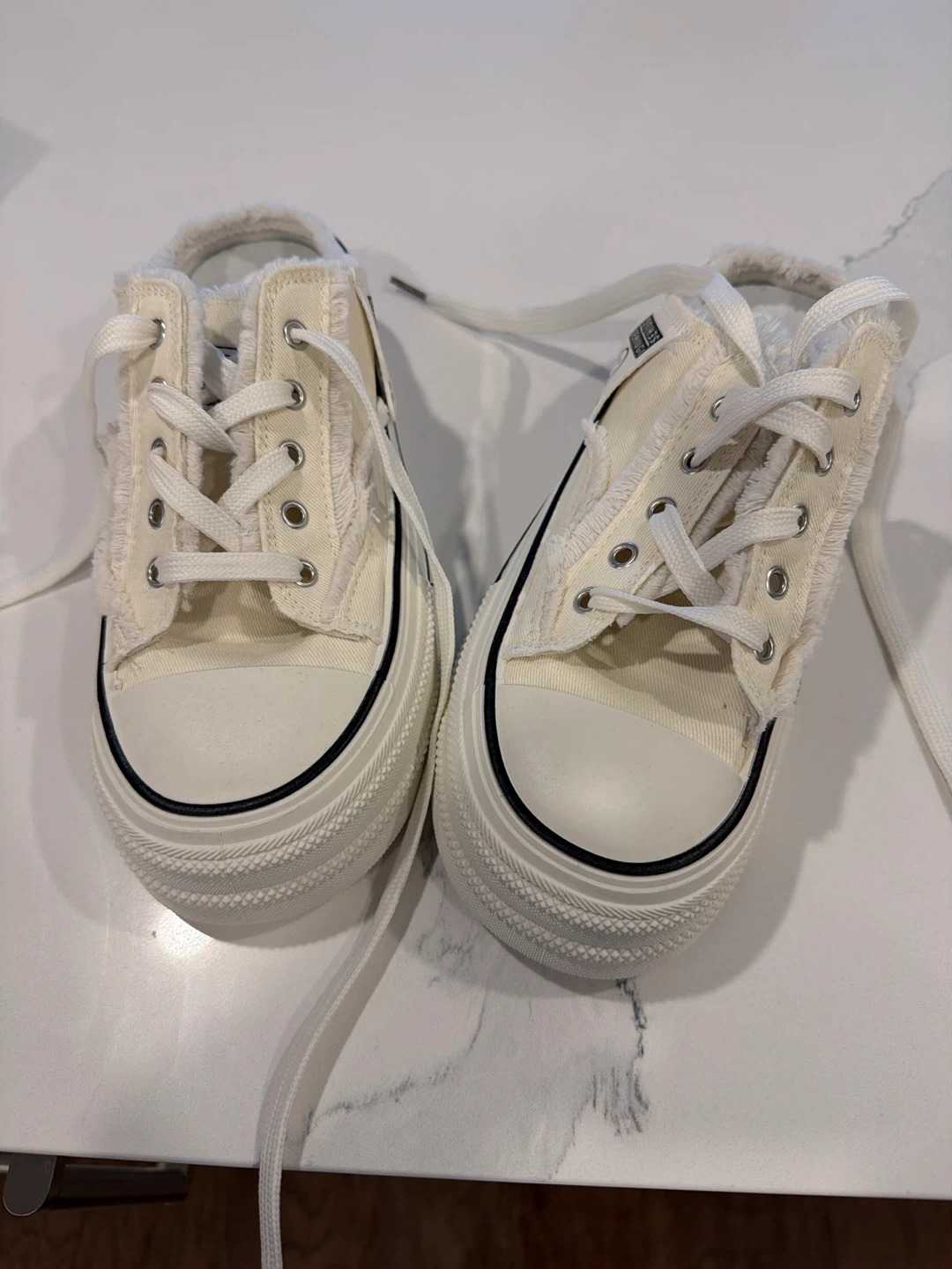 Cream Canvas Sneakers with Fur Trim